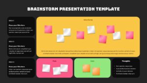 Dark theme brainstorming template with colorful sticky notes and idea organization sections for team collaboration