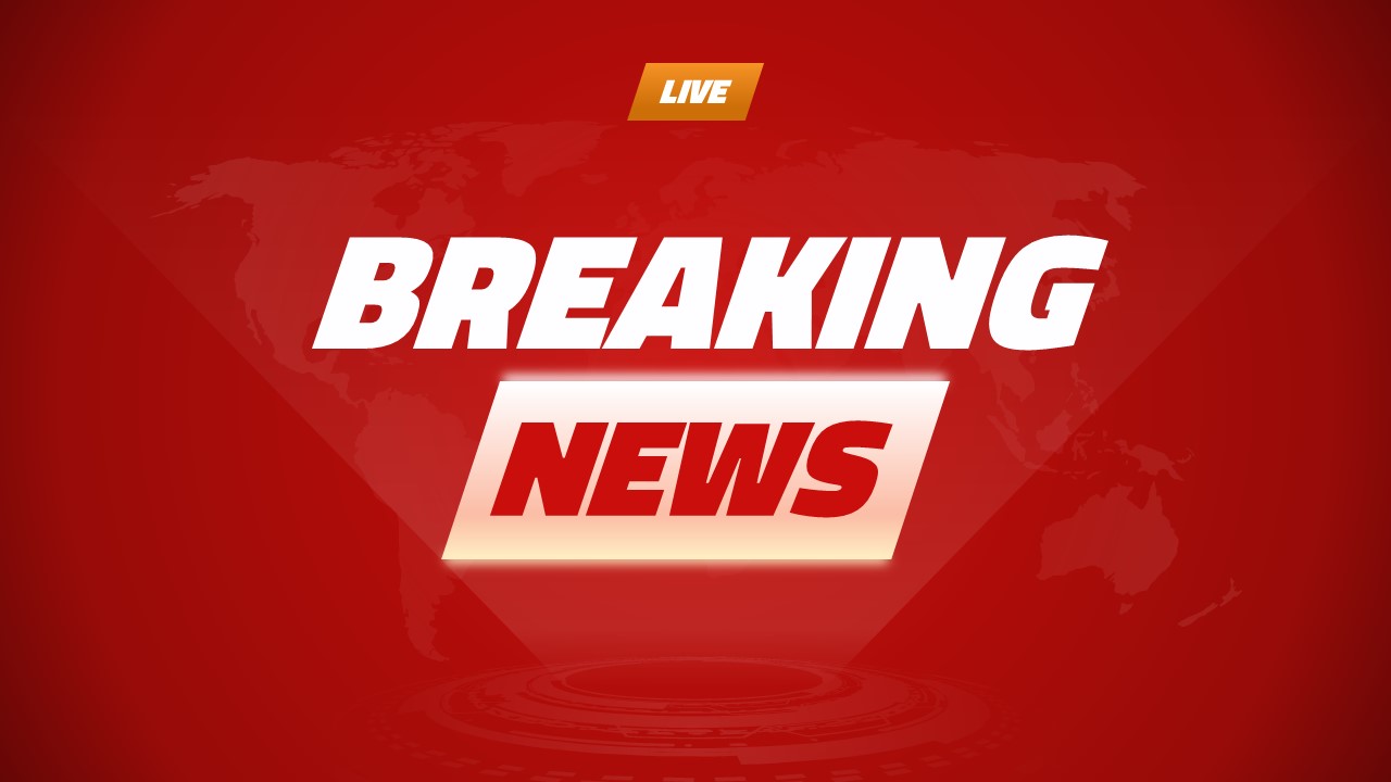 Breaking news PowerPoint slide with red background, white bold text, and live indicator for urgent announcements