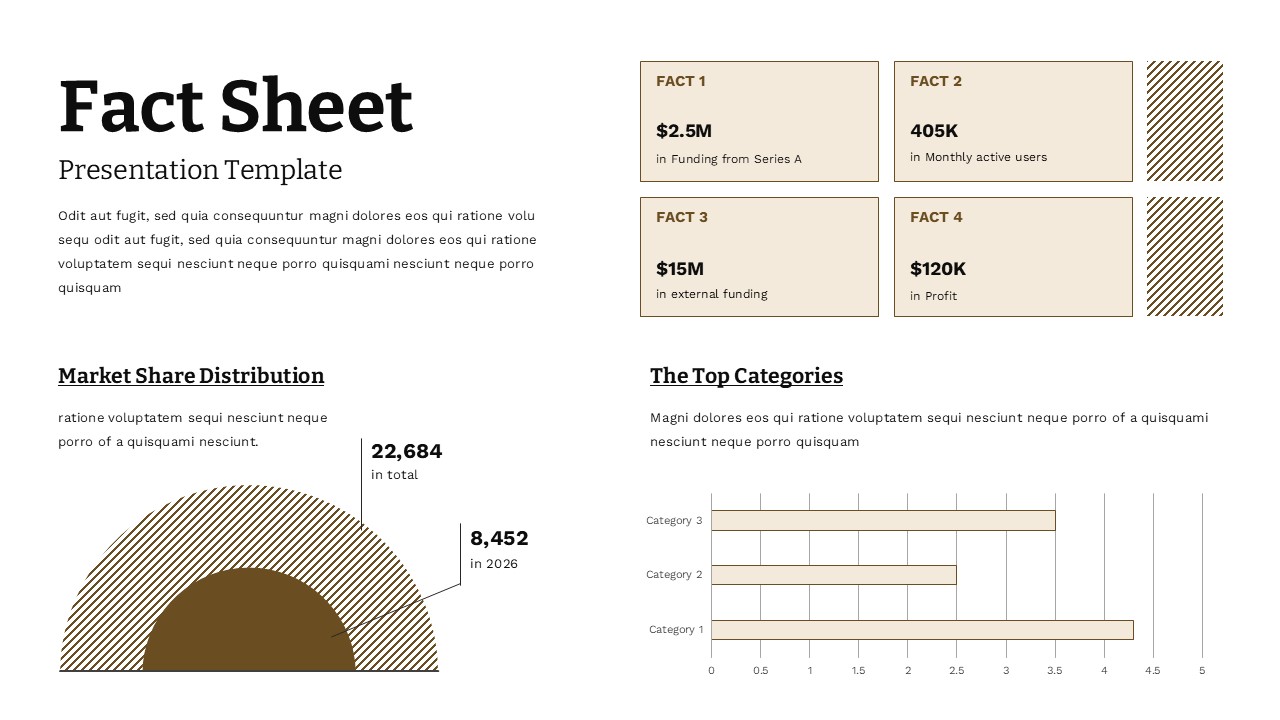 Light-themed business fact sheet template with key metrics and charts