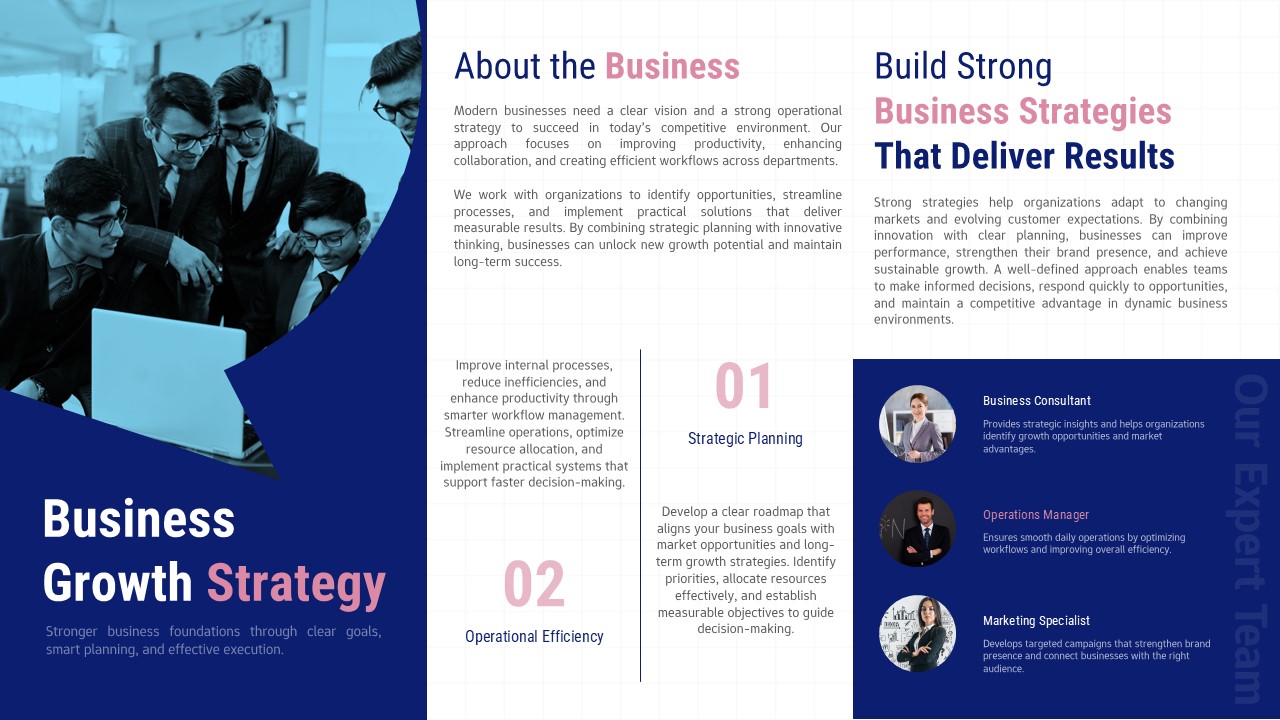 Business strategy presentation template with team profiles and process flow