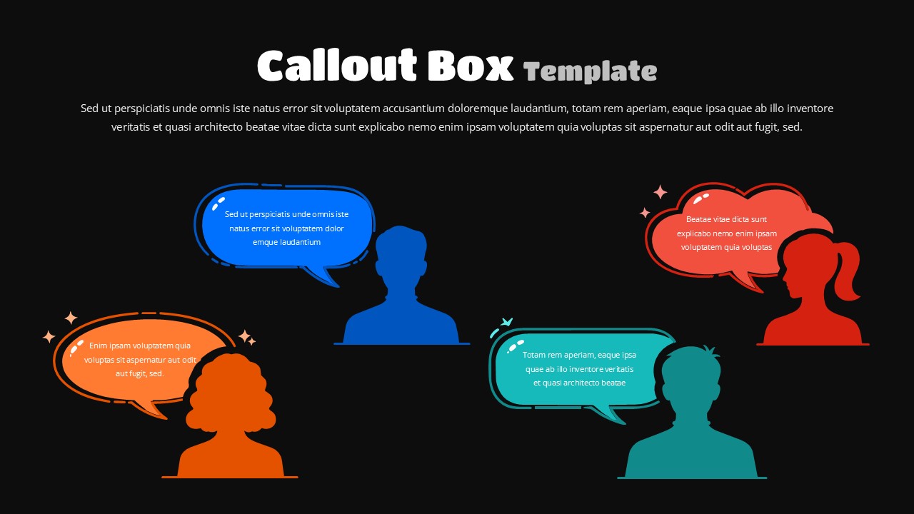 Dark theme callout box template with four colorful speech bubbles and silhouettes for testimonials and quotes