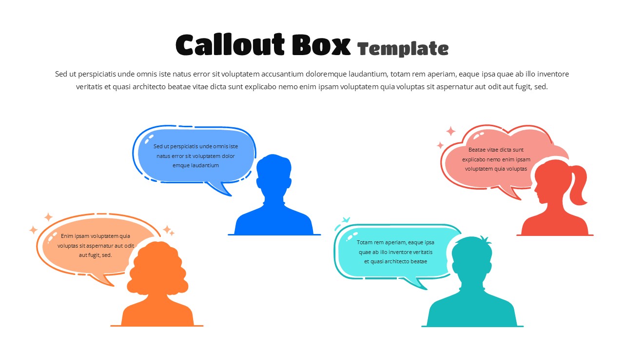 Callout box template cover slide with colorful speech bubbles and human silhouettes on white background