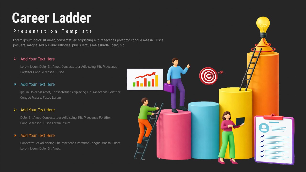 Dark theme career ladder Google Slides template with step-by-step progression visualization for presentations