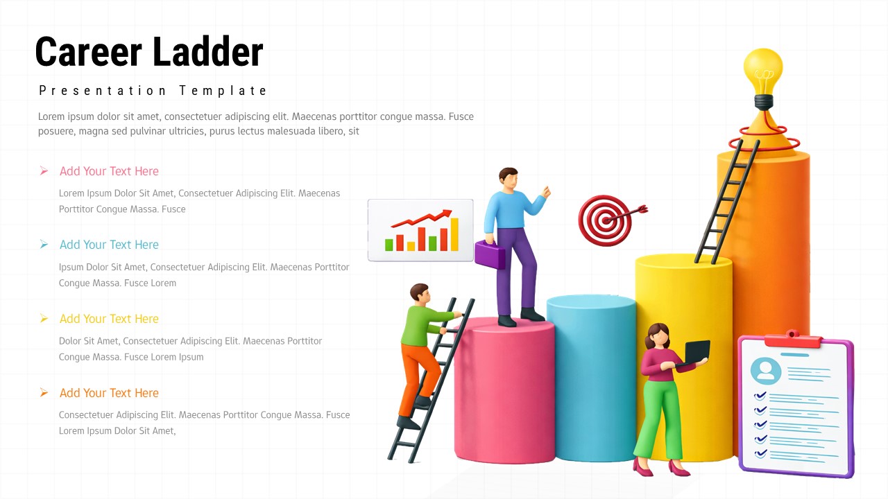 Career Ladder PowerPoint template with 3D steps illustration and professional development planning layout