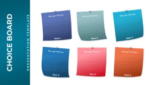 Choice board presentation template with 6 pinned notes layout for interactive decision-making and option comparison