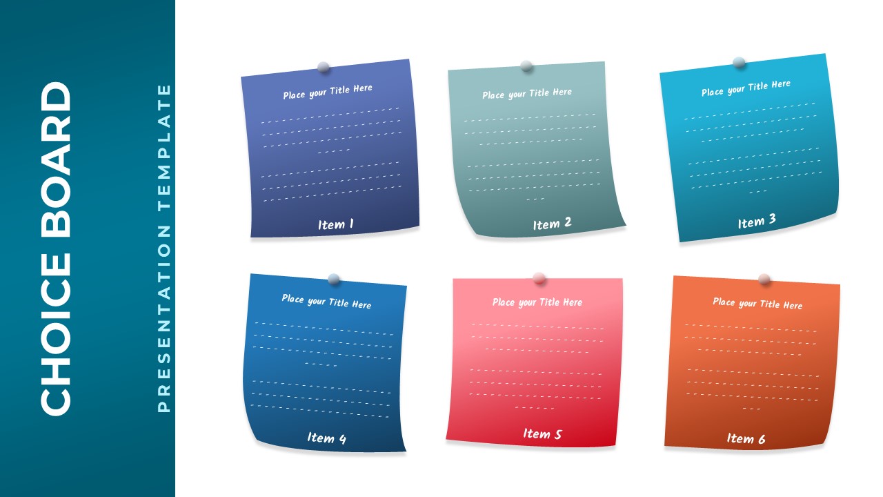 Choice board presentation template with 6 pinned notes layout for interactive decision-making and option comparison