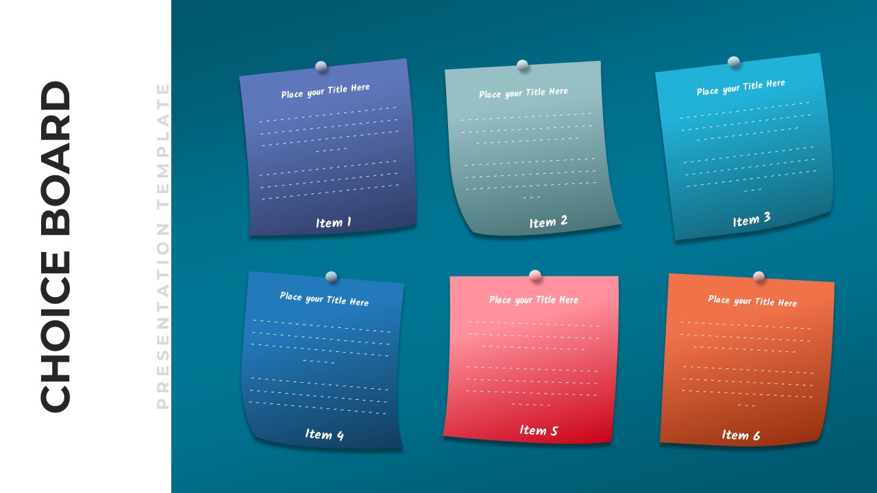 Choice board template with 6 colorful sticky notes on teal background for presenting multiple options or decisions