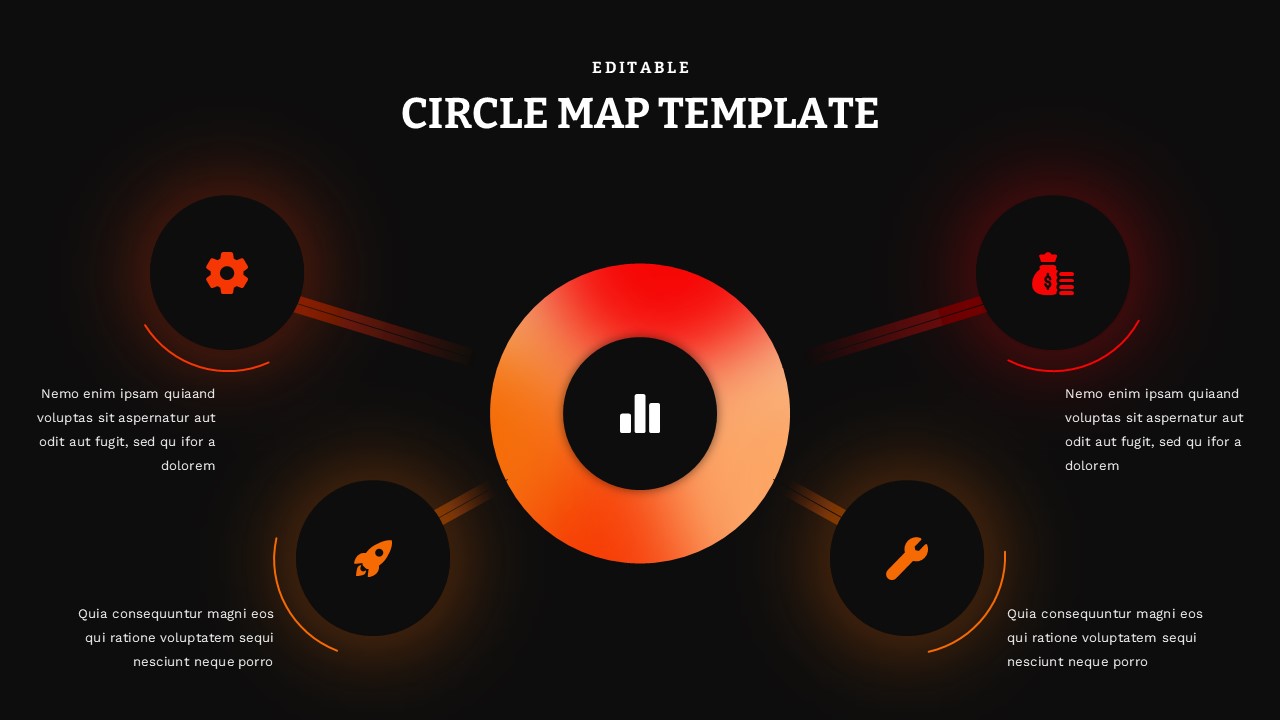Dark circle map template with orange center hub and four connected circles