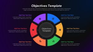 Dark theme circular objectives diagram with 6 colored segments and white text on purple-blue gradient background
