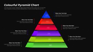 Six-level colorful pyramid chart on dark background with bright colors and white text placeholders on sides