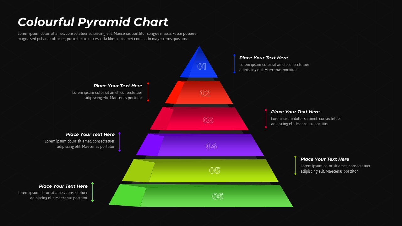 Six-level colorful pyramid chart on dark background with bright colors and white text placeholders on sides