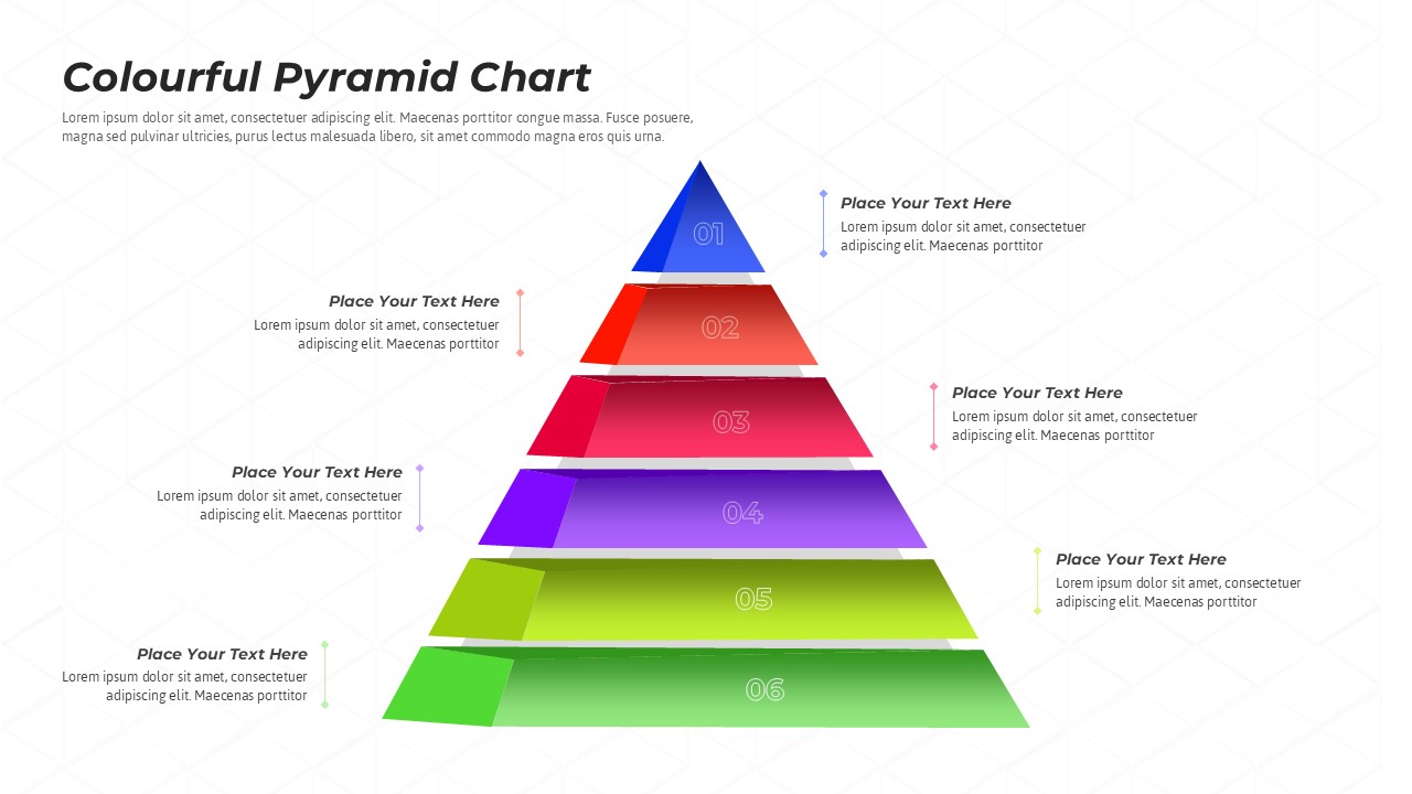 Six-level colorful pyramid chart on white background with numbered sections and text placeholders on both sides