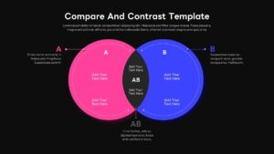 Dark background Venn diagram template with magenta and blue circles, arrows pointing to each section