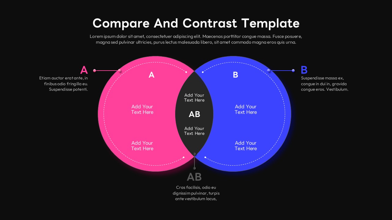 Dark background Venn diagram template with magenta and blue circles, arrows pointing to each section