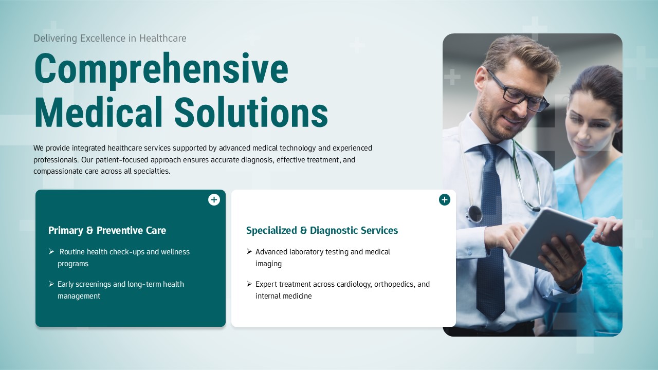Medical professionals reviewing patient data on tablet while presenting primary and specialized care solutions