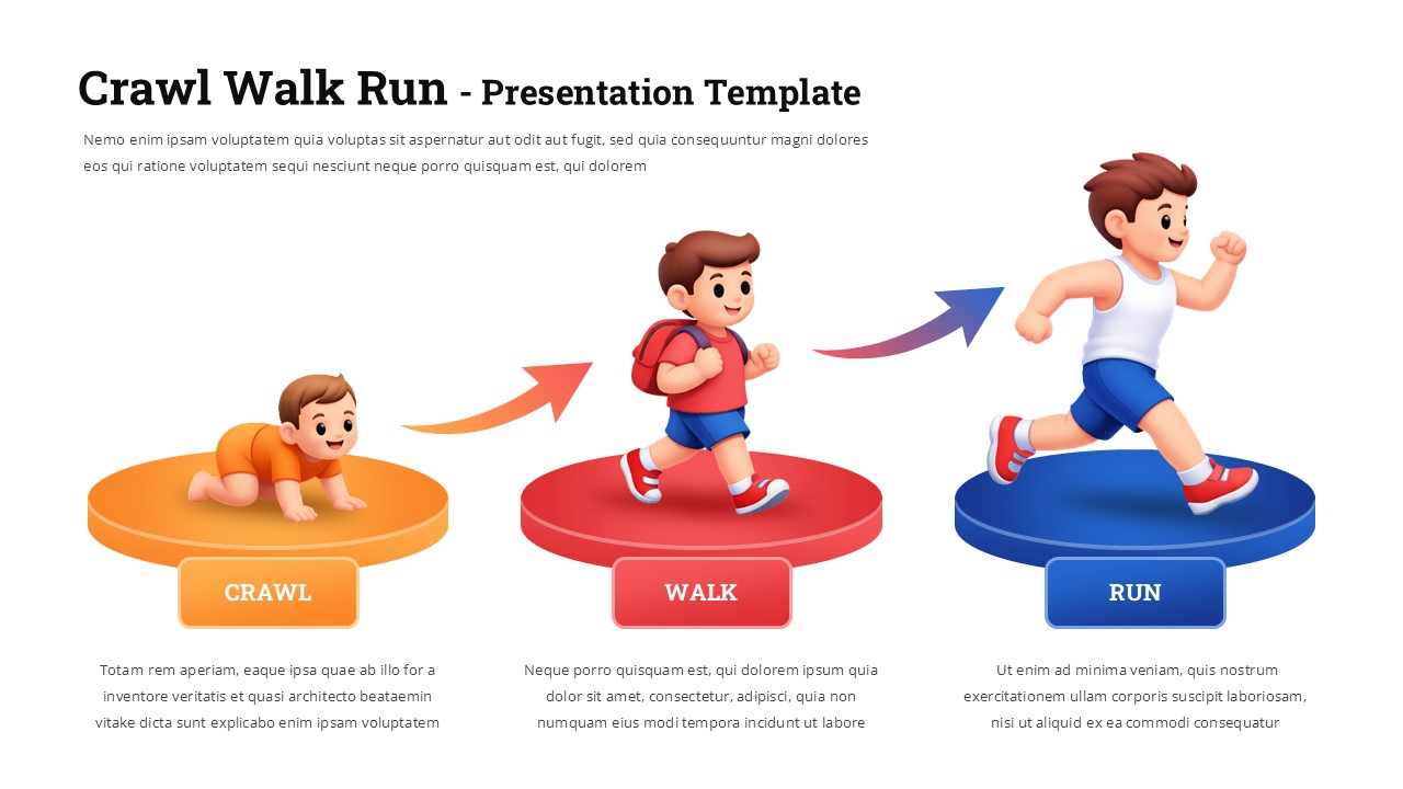 Crawl Walk Run PowerPoint template with 3D characters showing business progression stages on light background
