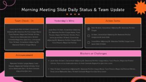 Morning meeting template dark variant with 6 sections on black background - orange headers, pink accents, matching layout