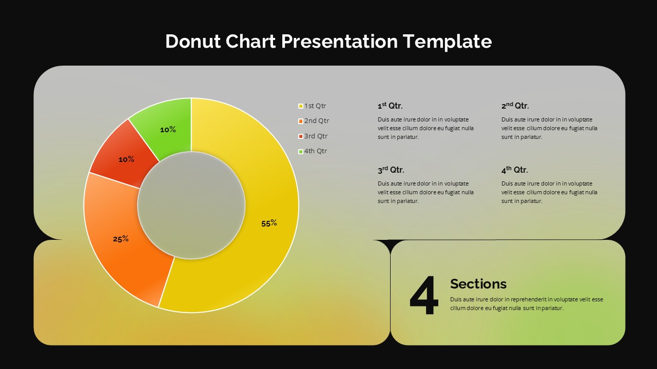 Dark theme donut chart template with black background featuring quarterly data visualization and text sections