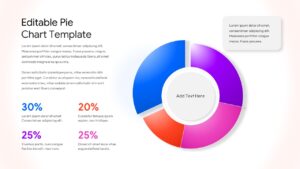 Editable pie chart PowerPoint template with colorful donut chart showing data percentages and statistics grid