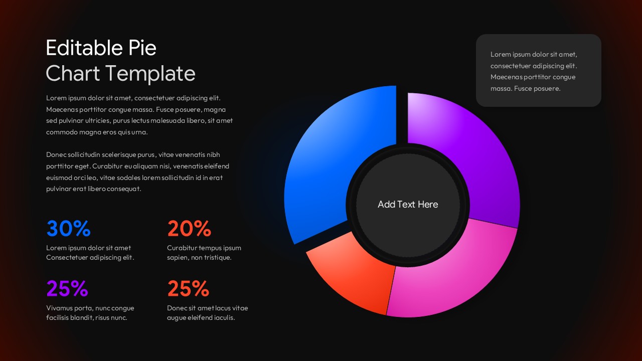 Dark theme editable pie chart template for PowerPoint and Google Slides with colorful data visualization