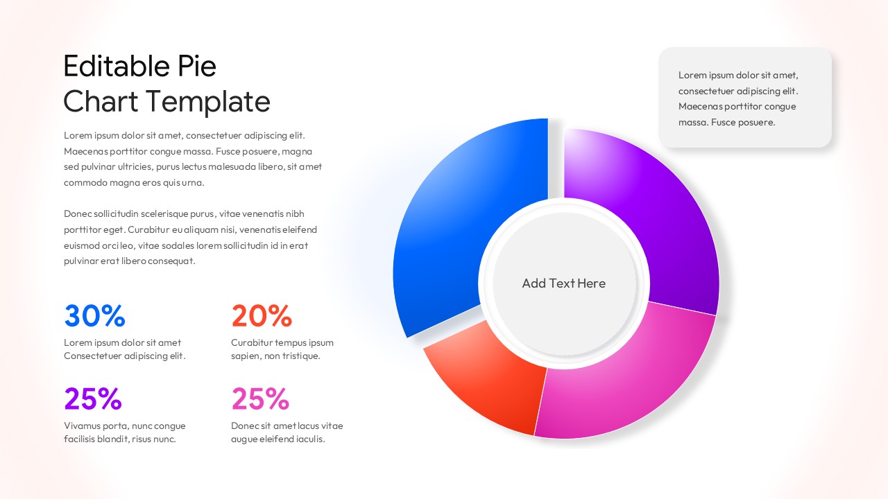Editable pie chart PowerPoint template with colorful donut chart showing data percentages and statistics grid