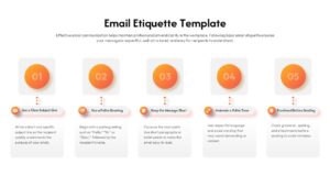 Five-step email etiquette process flow with numbered orange circles on white