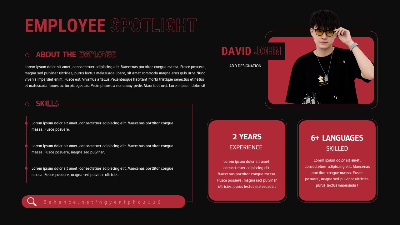 Dark theme employee spotlight slide with profile photo and stats