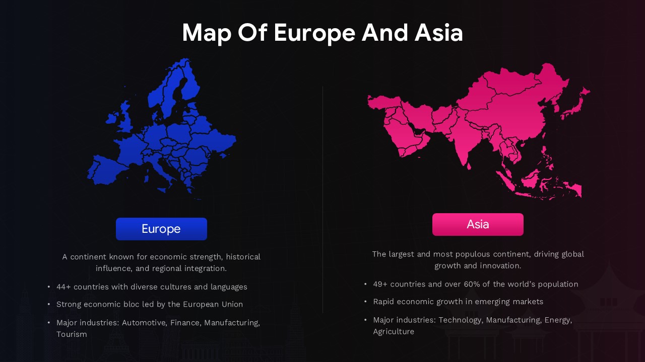 Dark theme Europe Asia map PowerPoint Google Slides template with vibrant blue pink continental maps
