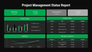 Dark theme project management dashboard template with status tracking, charts, and deadline tables