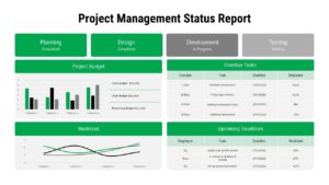 Light theme project management dashboard template with status indicators, charts, and task tables for presentations