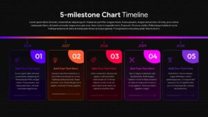 Dark version 5-milestone timeline with vibrant gradient connector, numbered cards 01-05 from 2026-2030, black background