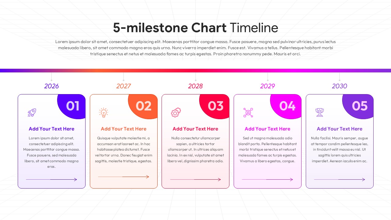 5-milestone timeline template with purple gradient connector, numbered cards 01-05 spanning 2026-2030, white background