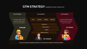 Dark theme GTM strategy template for PowerPoint and Google Slides with business process flow visualization