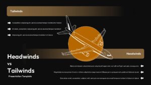 Dark theme Headwinds vs Tailwinds Google Slides template with airplane graphic for strategic business analysis