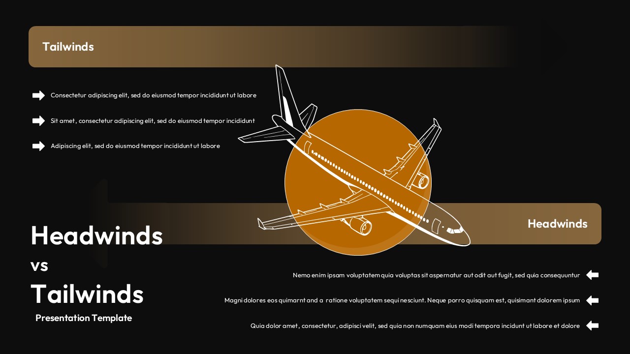 Dark theme Headwinds vs Tailwinds Google Slides template with airplane graphic for strategic business analysis