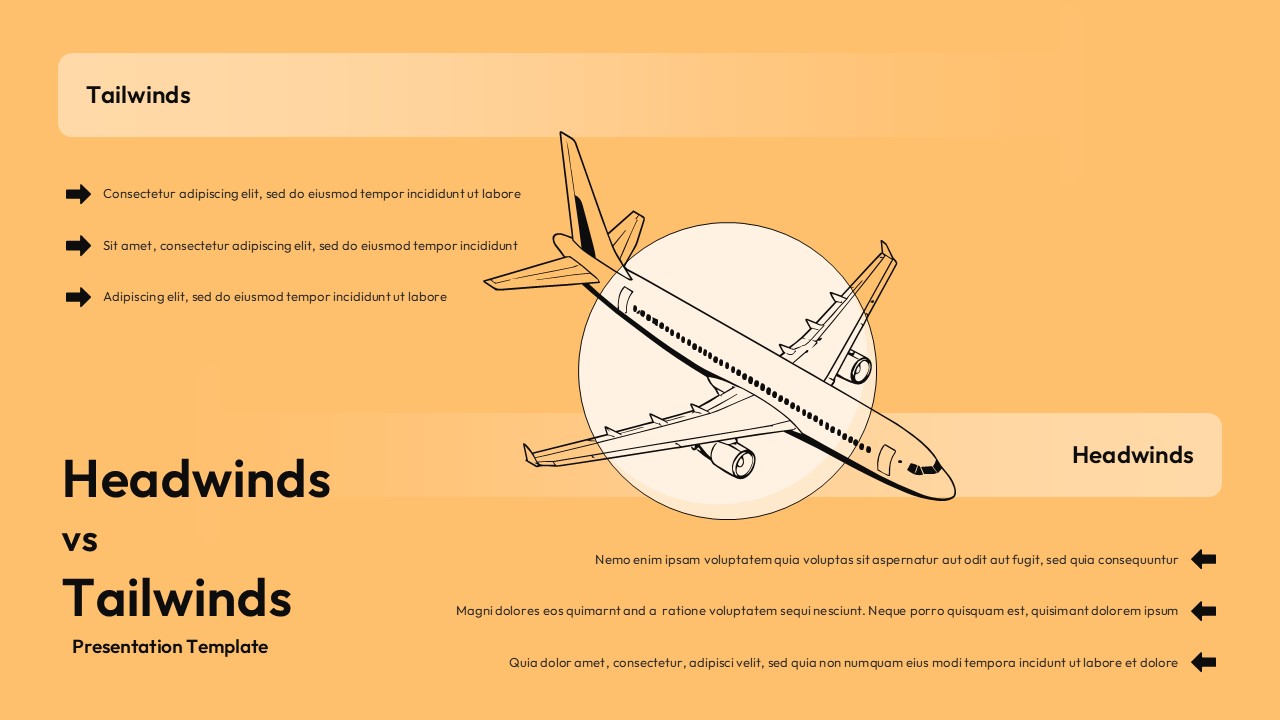 Headwinds vs Tailwinds PowerPoint template with airplane illustration and business analysis comparison layout