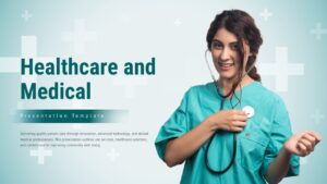 Professional healthcare cover slide with smiling doctor introducing medical services to community stakeholders