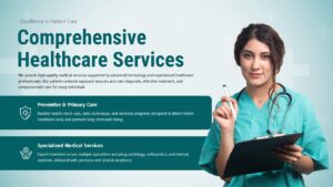 Healthcare professional with clipboard presenting preventive and specialized medical service offerings