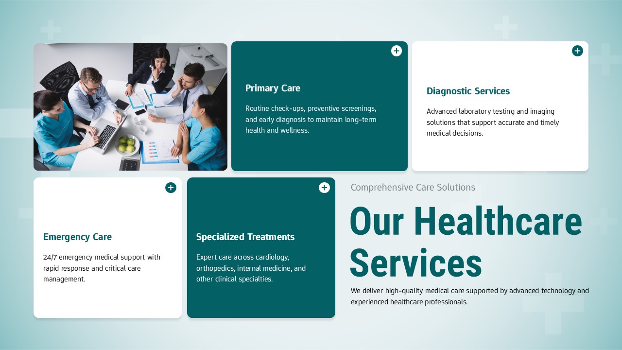 Medical team collaboration with organized grid showing primary care, diagnostics, emergency, and specialty services