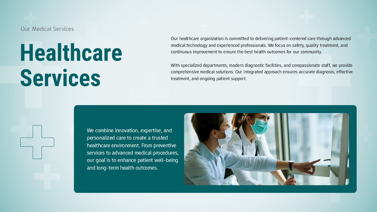 Medical team analyzing patient data while presenting comprehensive healthcare services to hospital leadership