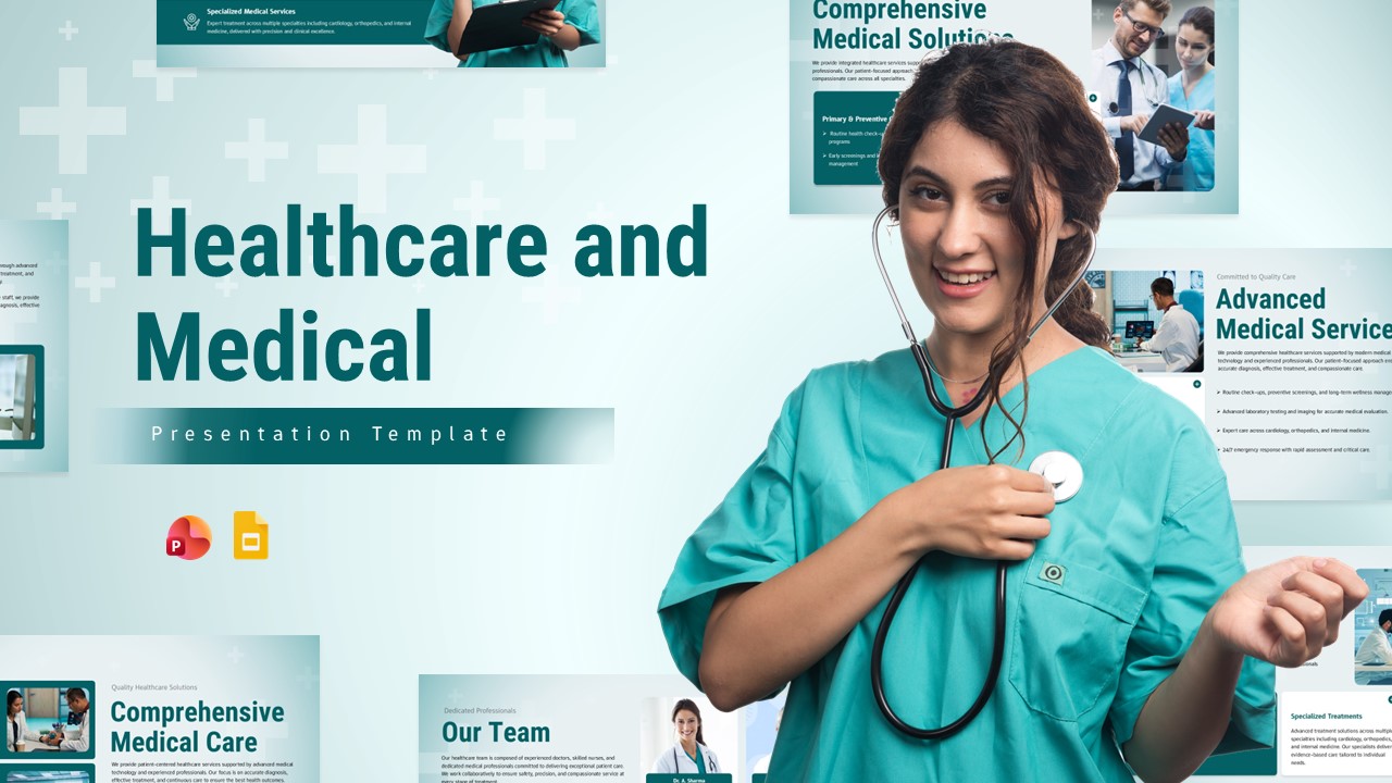Complete healthcare presentation template showcase with multiple slide previews for medical marketing teams