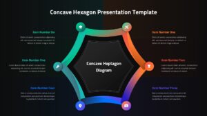 Dark theme hexagonal diagram with 6 gradient-colored connection points and placeholder text on black background