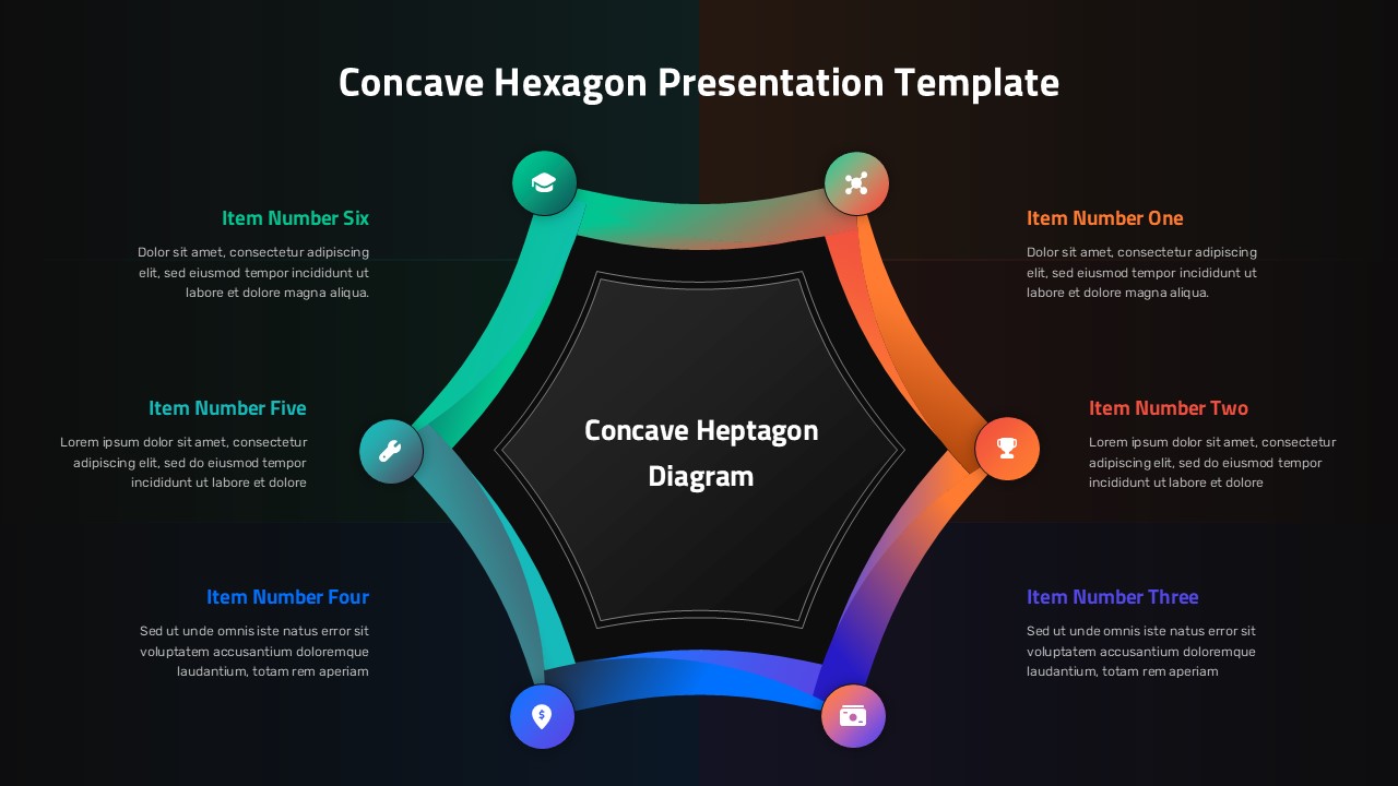 Dark theme hexagonal diagram with 6 gradient-colored connection points and placeholder text on black background