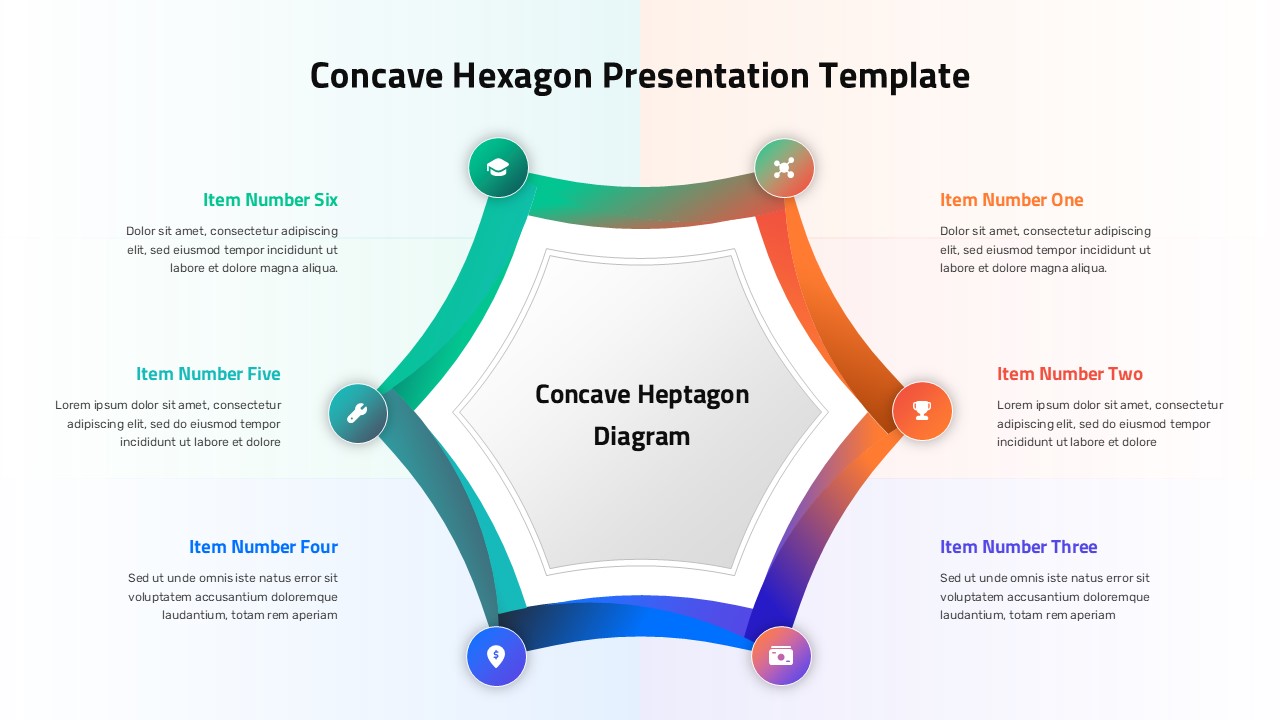 Hexagonal process diagram with 6 colorful nodes and icons on white background - concave center design template