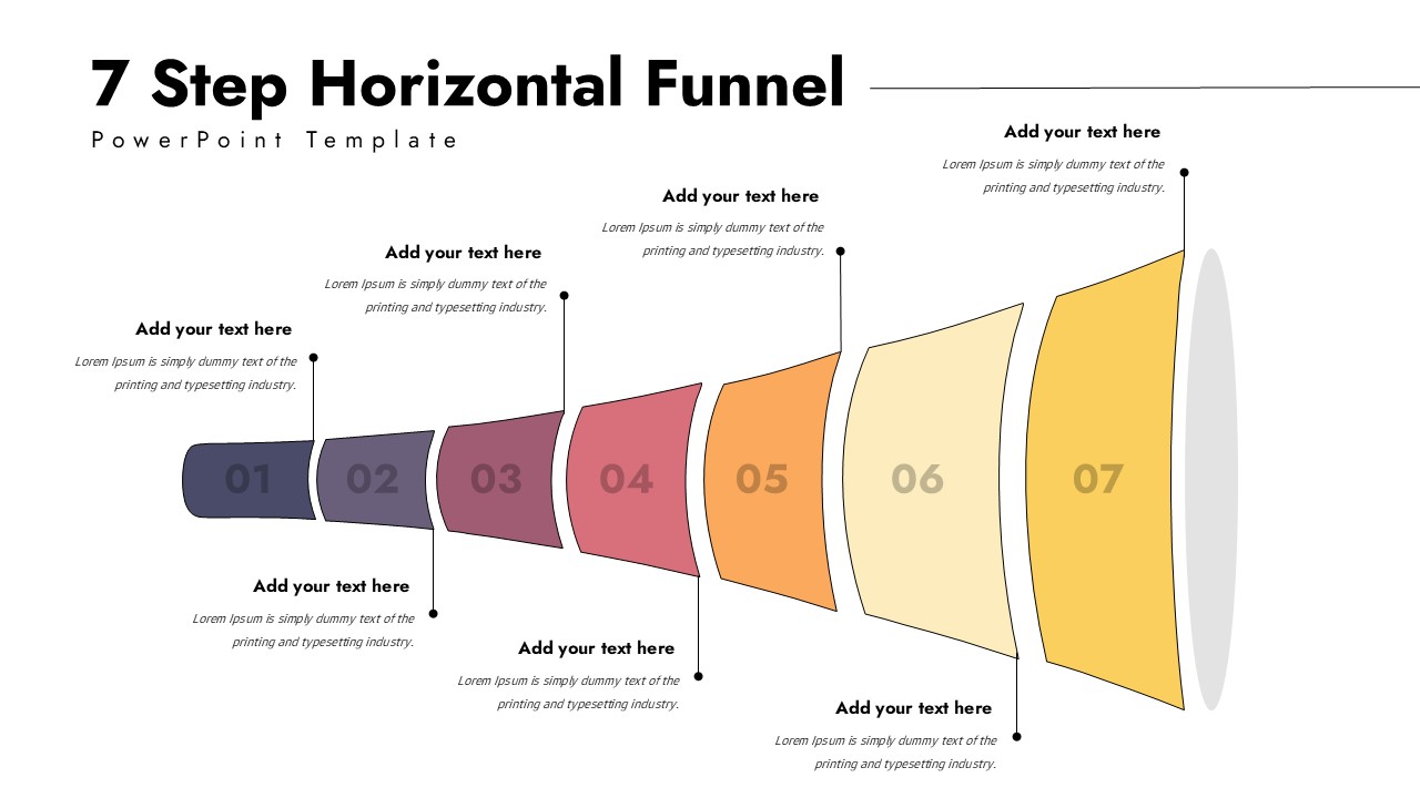 7-step horizontal funnel template showing sales process progression from lead generation to conversion on white background