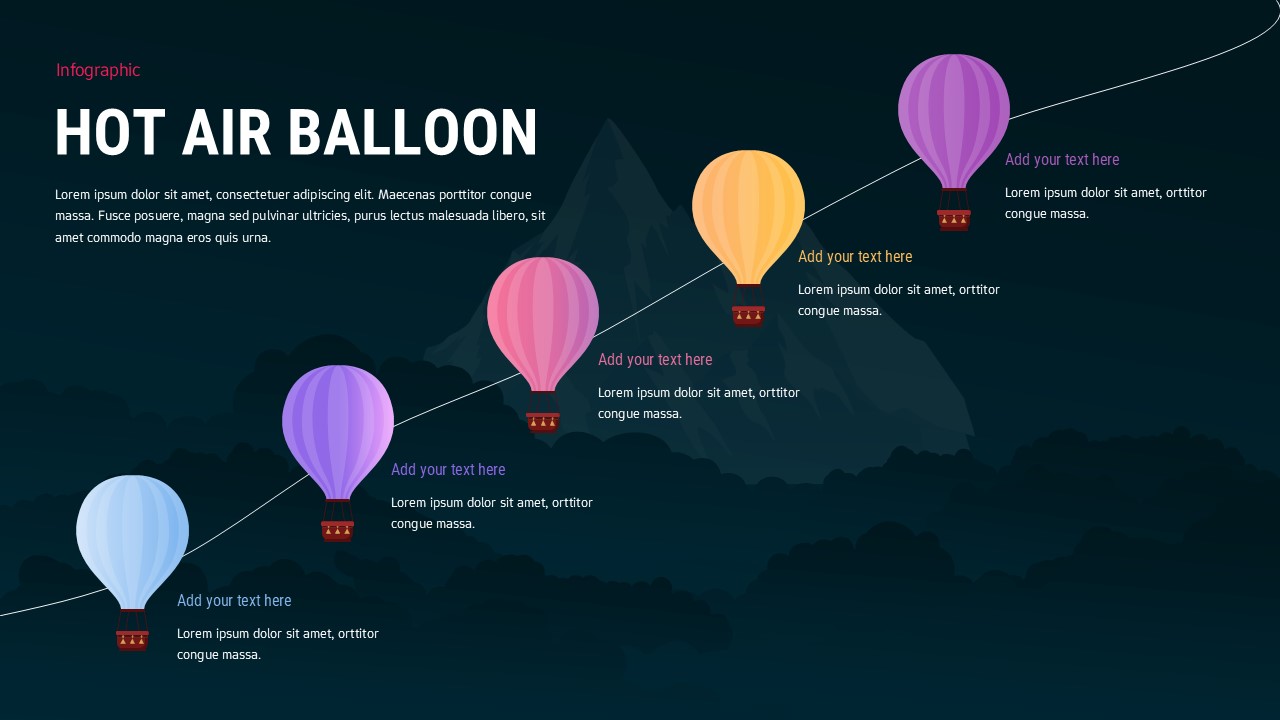 Five hot air balloons timeline template with dark navy background theme