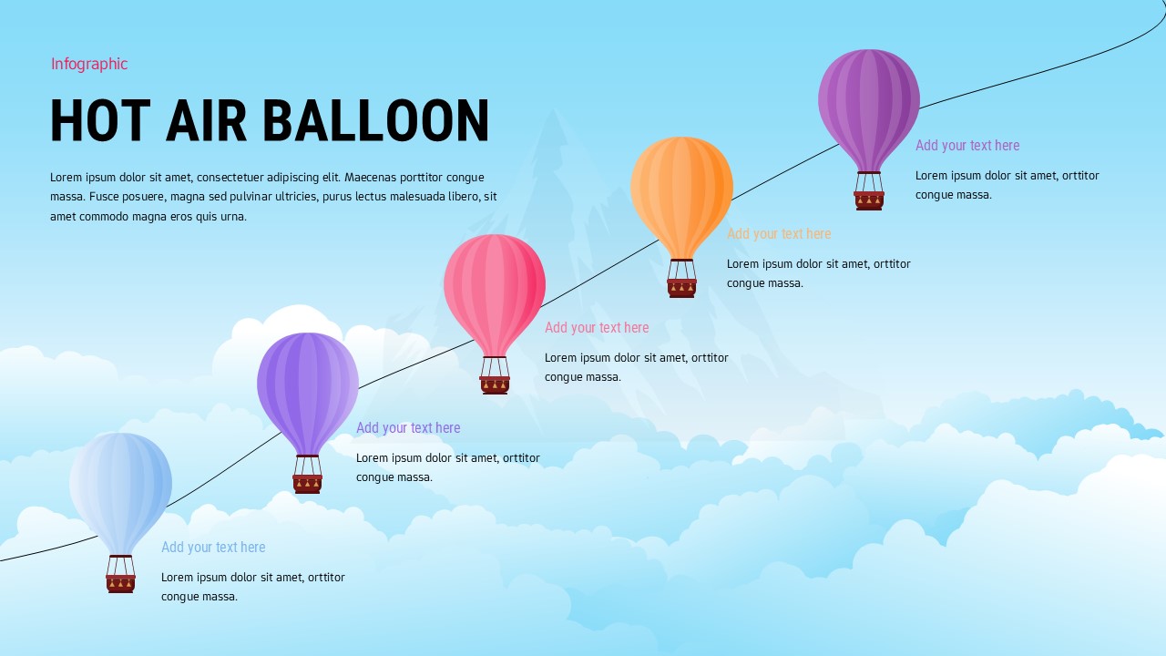 Five colorful hot air balloons ascending diagonally on light blue sky background