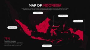 Dark background Indonesia map presentation template with white text, red country map, statistical callouts for business use