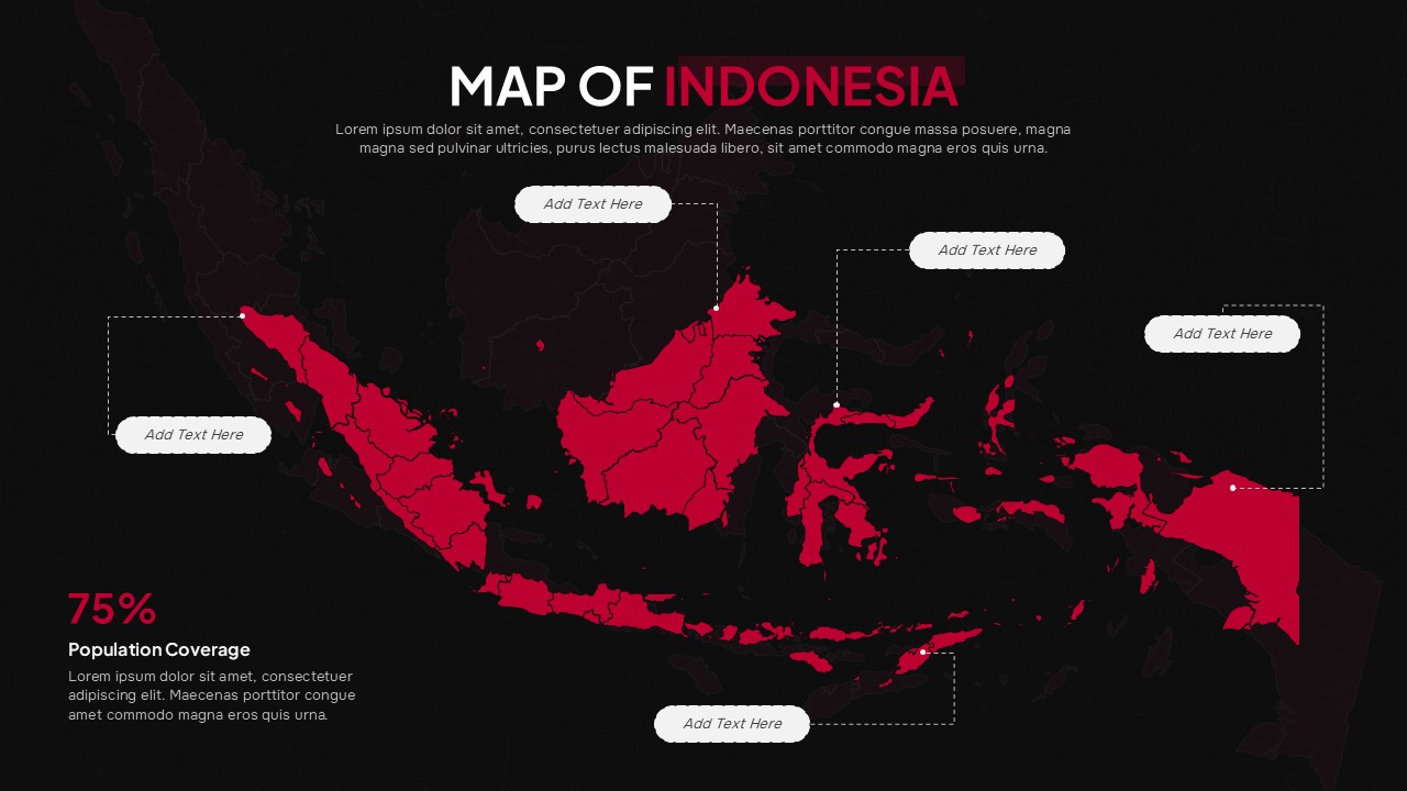 Dark background Indonesia map presentation template with white text, red country map, statistical callouts for business use