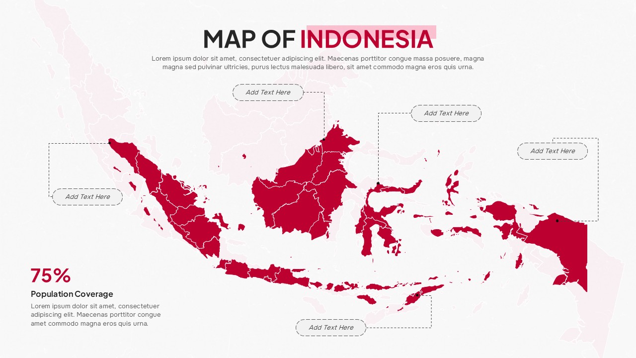 Indonesia map PowerPoint template with light background, red country outline, 75% statistic callout, 5 text placeholders